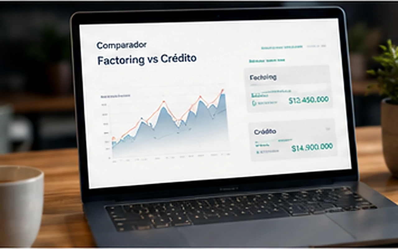 Computador mostrando una comparación de factoring y crédito sobre un escritorio.